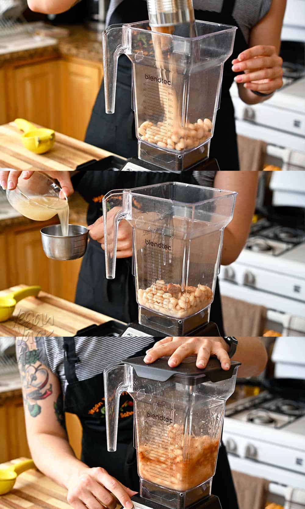 Image collage of white beans, aquafaba, and more going into a blender for a sauce