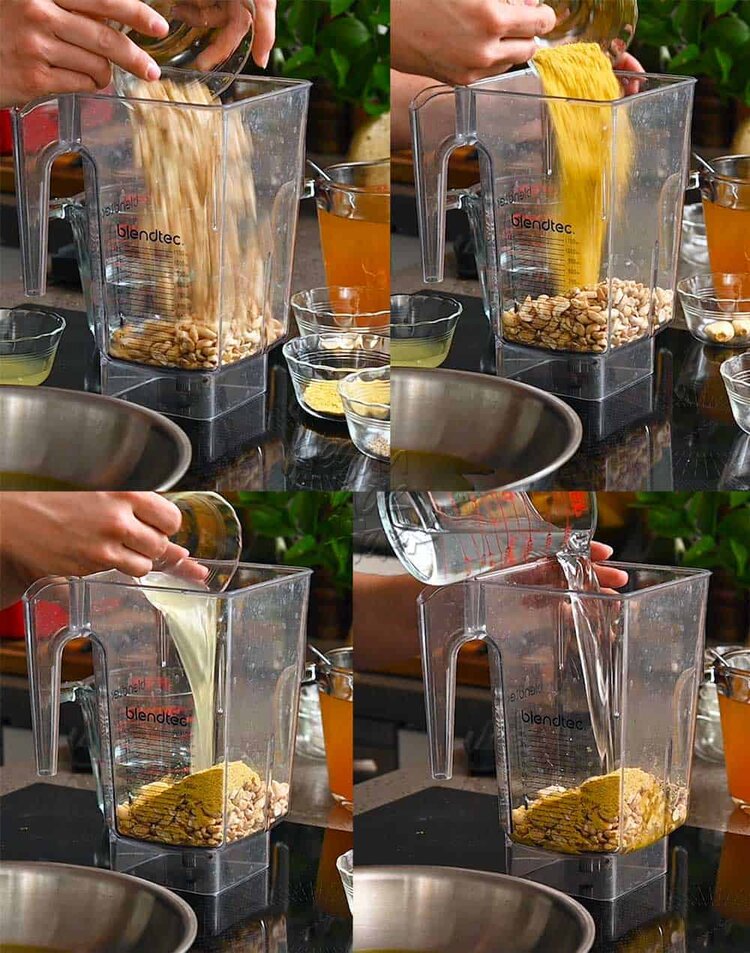 Image collage of ingredients being poured into a blender for sauce