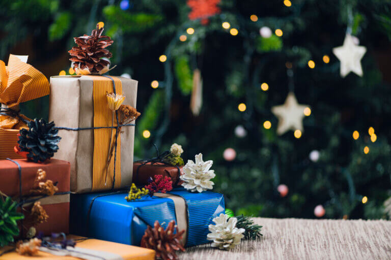 Wrapped gifts by a Christmas tree