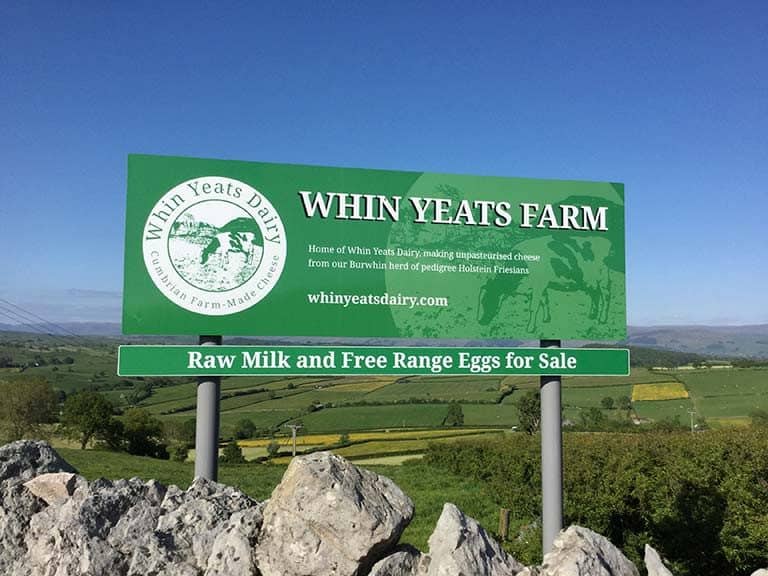 The sign for Whin Yeats Farm, near the Kelker Well Roundhouse glamping site