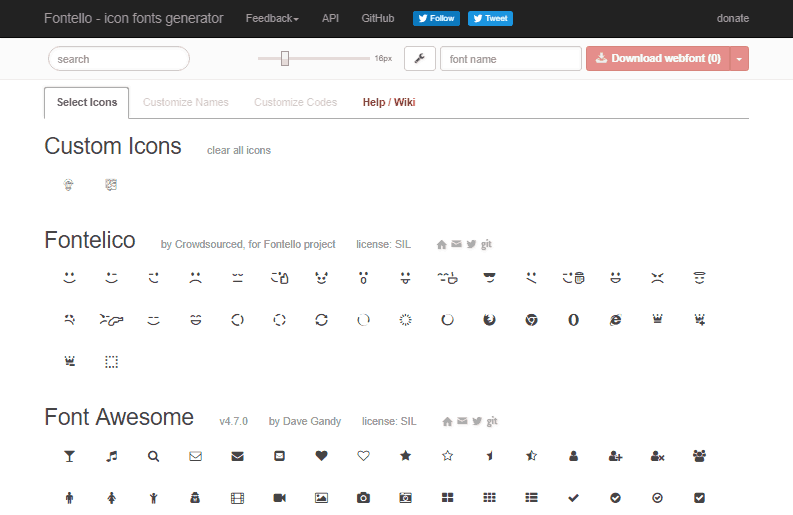 Muestra íconos que puedes elegir como íconos personalizados para crear un archivo webfont