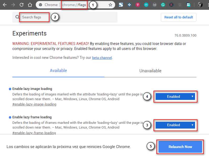 Muestra como habilitar la carga diferida en Chrome 75 y superiores