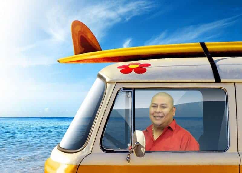 Driving to the beach in an old VW A participant "drives" a VW Van on the beach in this Miami Green Screen Photo Booth