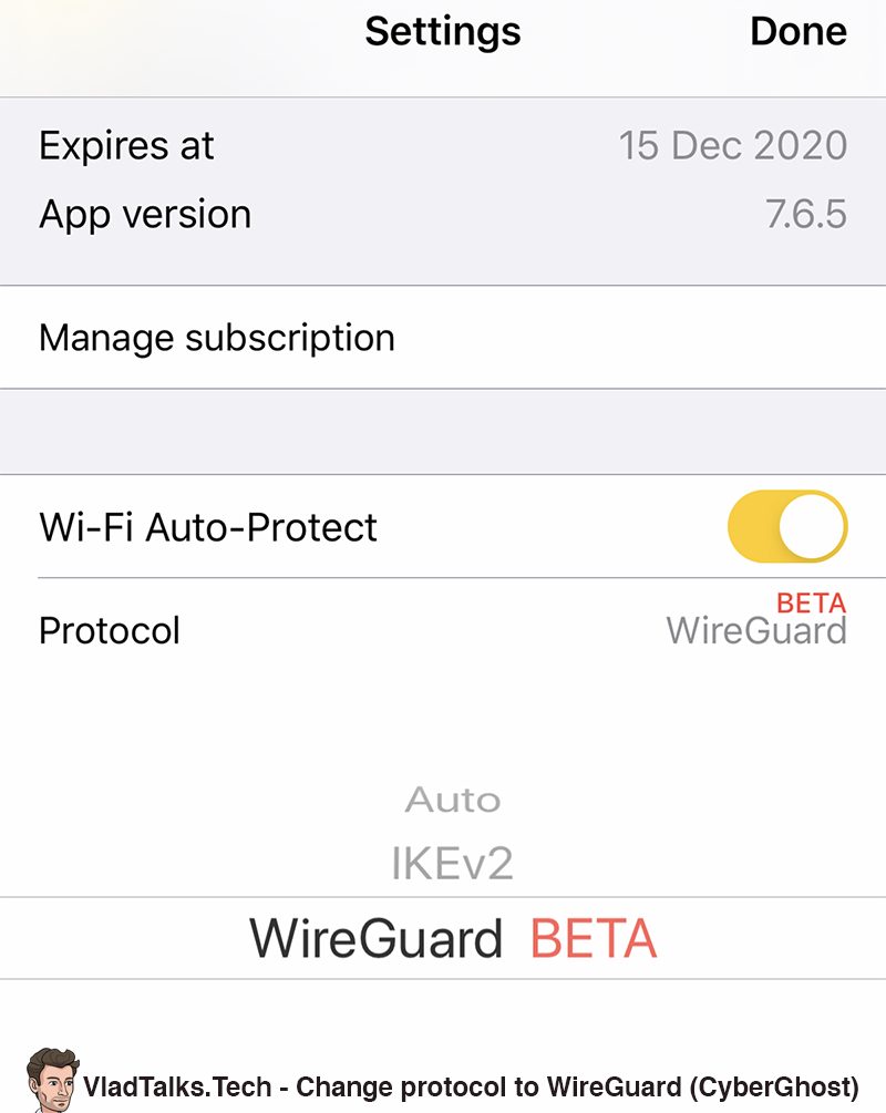 How to install and use WireGuard on iOS. Step-by-step tutorial. 18 Change protocol to WireGuard (CyberGhost)