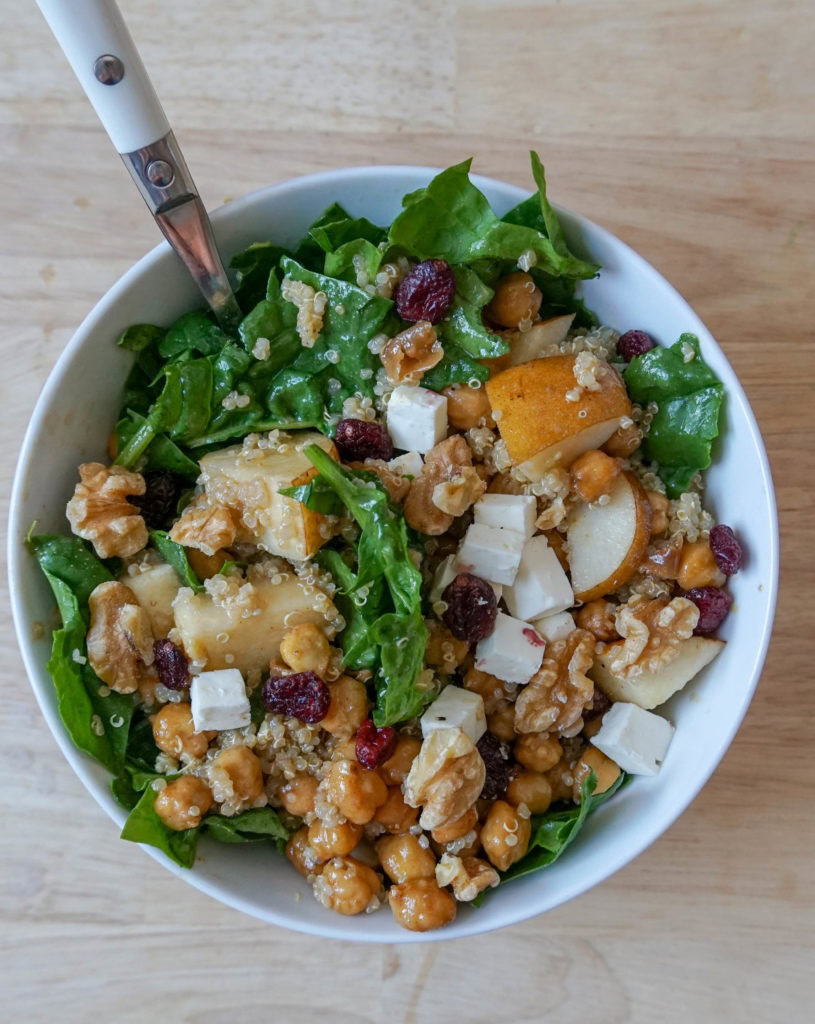 5-Ingredient Spinach, Pear and Quinoa Salads with Feta and Honey Balsamic Dressing