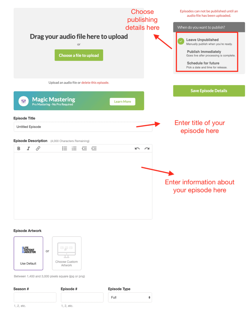 The Magic Mastering Page describing where to input the information in this feature