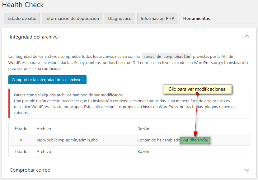 Muestra el resultado de una verificación de integridad