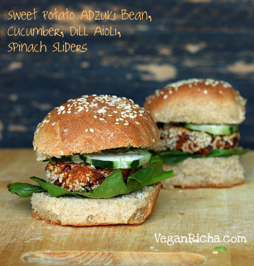 Sweet Potato Adzuki Bean Burger Sliders with Dill Aioli