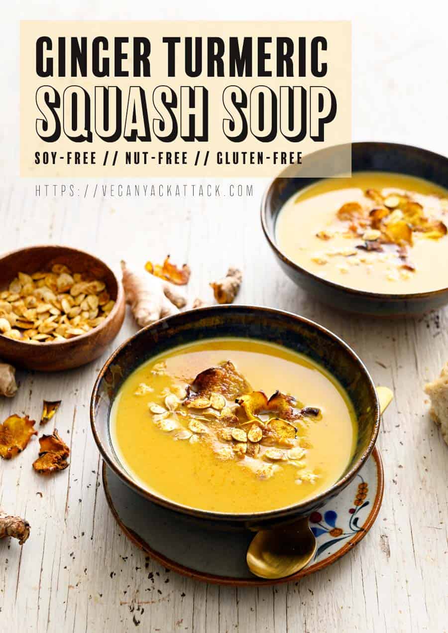 Two bowls of ginger turmeric squash soup on a white background with text