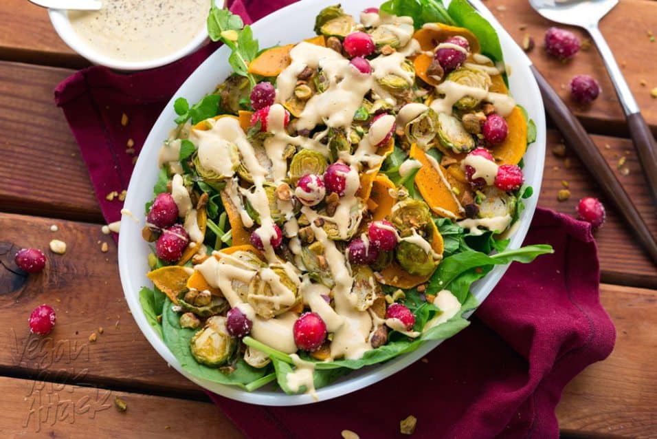 This Brussels Sprout Butternut Squash salad is the perfect, colorful recipe for your holiday table! And the oil-free, creamy dressing is amazing. #vegan #soyfree @VeganYackAttack