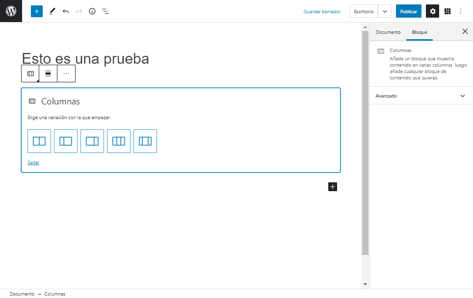 Muestra el bloque Columnas y su selector de configuración inicial.