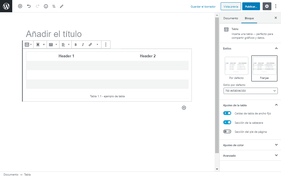 Muestra una tabla con caption en Gutenberg