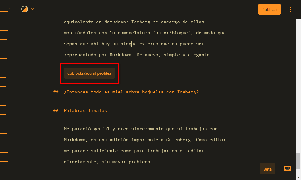Muestra como maneja el editor Markdown Iceberg los bloques no nativos