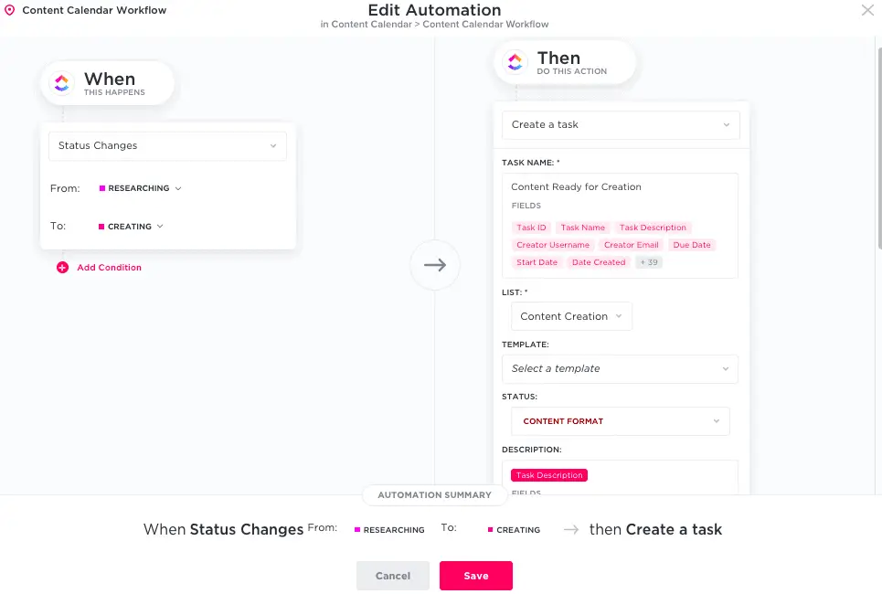ClickUp automation - when status changes - 2