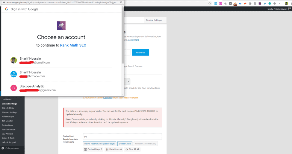 Choose an account for Google Search Console