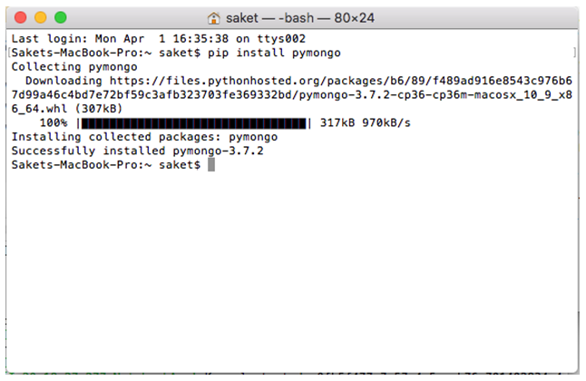 image showing installation of Pymongo