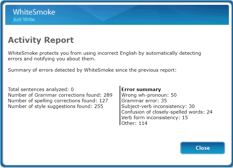 Whitesmoke 25 Activity Report with 289 total errors found