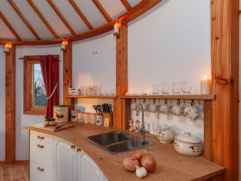 The fully-equipped kitchen area of Kelker Well Roundhouse, which is near the Lake District and Yorkshire dales in north-west England