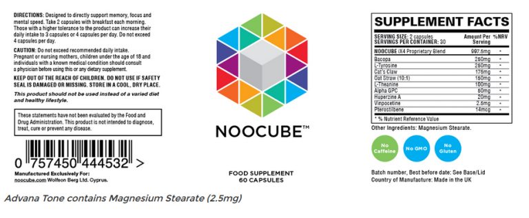 close up of noocube label of ingredients