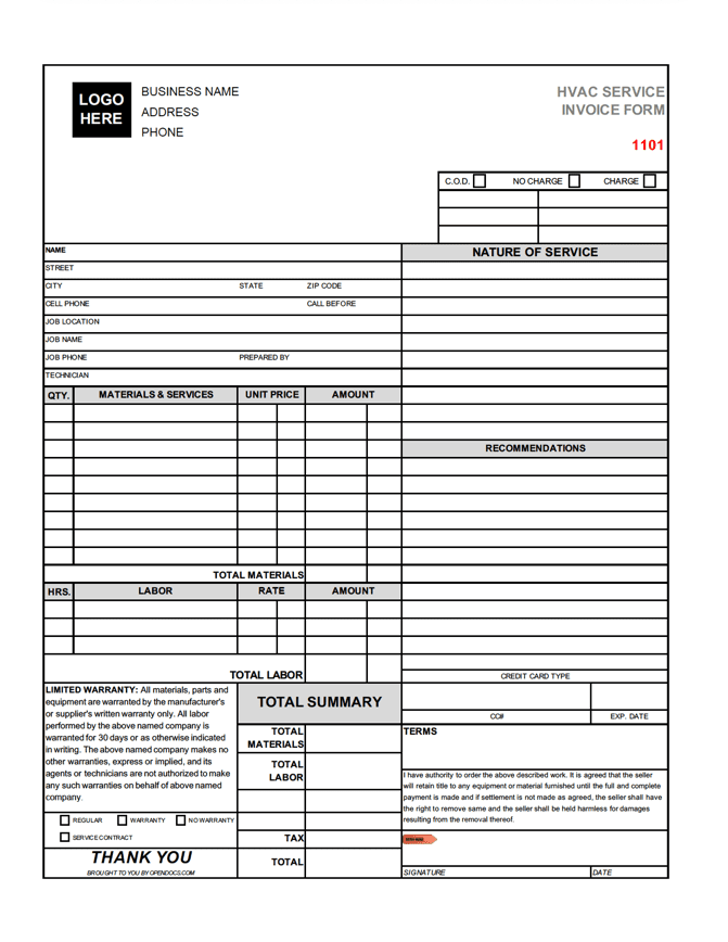 hvac invoices printables