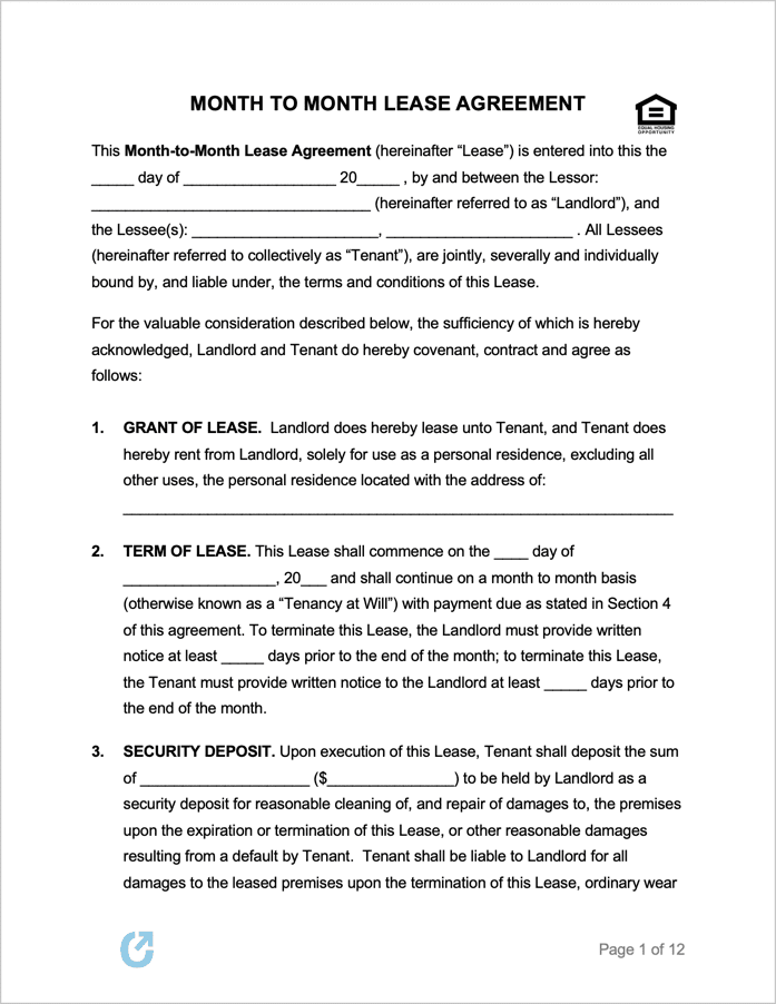 Month To Month Lease Agreement Template Free Printable Templates