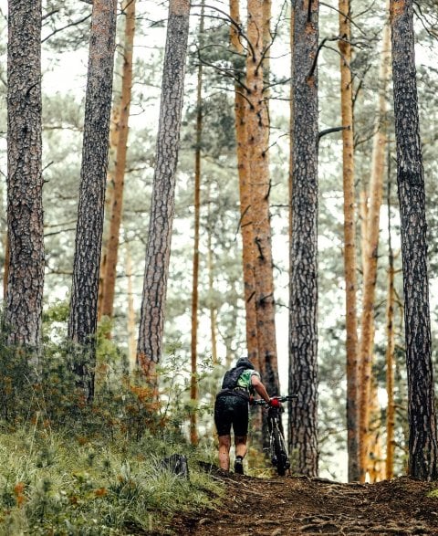 Mountain biker walking up a steep hill