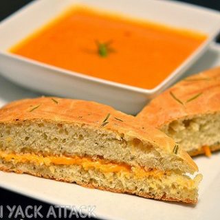 Creamy Tomato Basil Soup with focaccia grilled cheese sandwiches