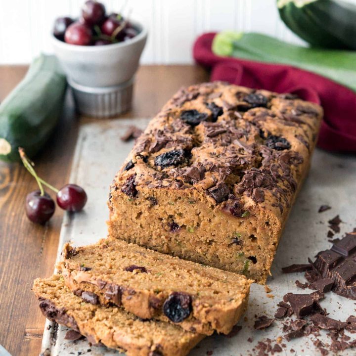 Cherry Chocolate Zucchini Bread! A fantastic way to use some of that summer squash, and make a whole wheat breakfast loaf. Sweetened with coconut sugar! #vegan #soyfree #nutfree #veganyackattack