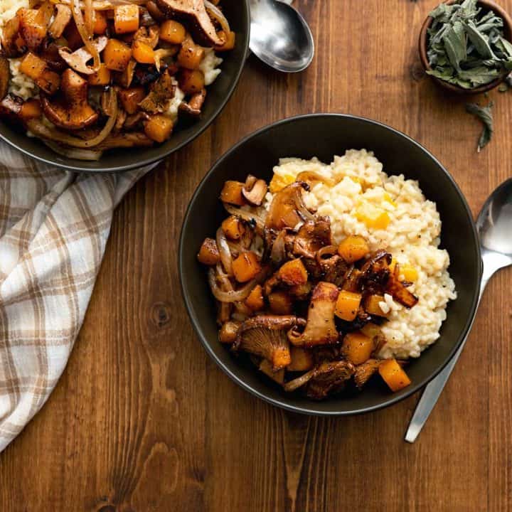 Comforting, satiating, and filled with Fall flavors, this Instant Pot Chanterelle Squash Risotto really hits the spot! With using a multi-cooker for this recipe, you bypass the high-maintenance process of making risotto. #vegan #nutfree #glutenfree #soyfreeoption #veganrecipes