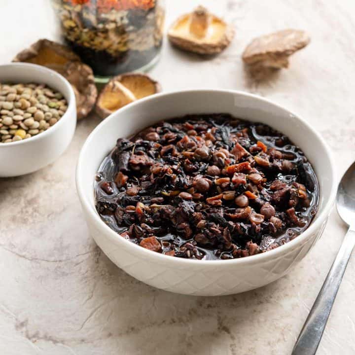 Image of Hearty Lentil Rice Dry Soup Mix both in a jar and freshly made