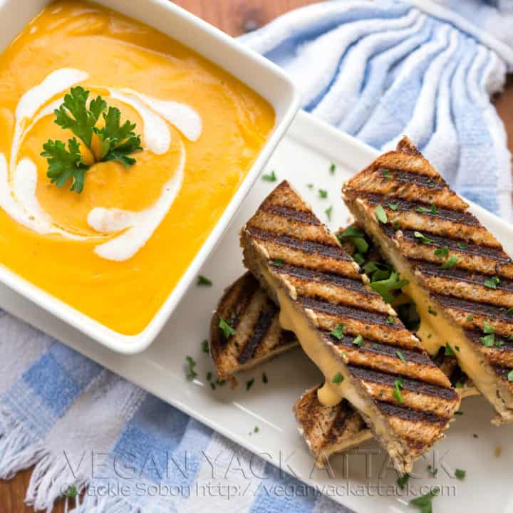 Roasted Butternut Garlic Bisque with Grilled 3-Cheese Sandwich Sticks