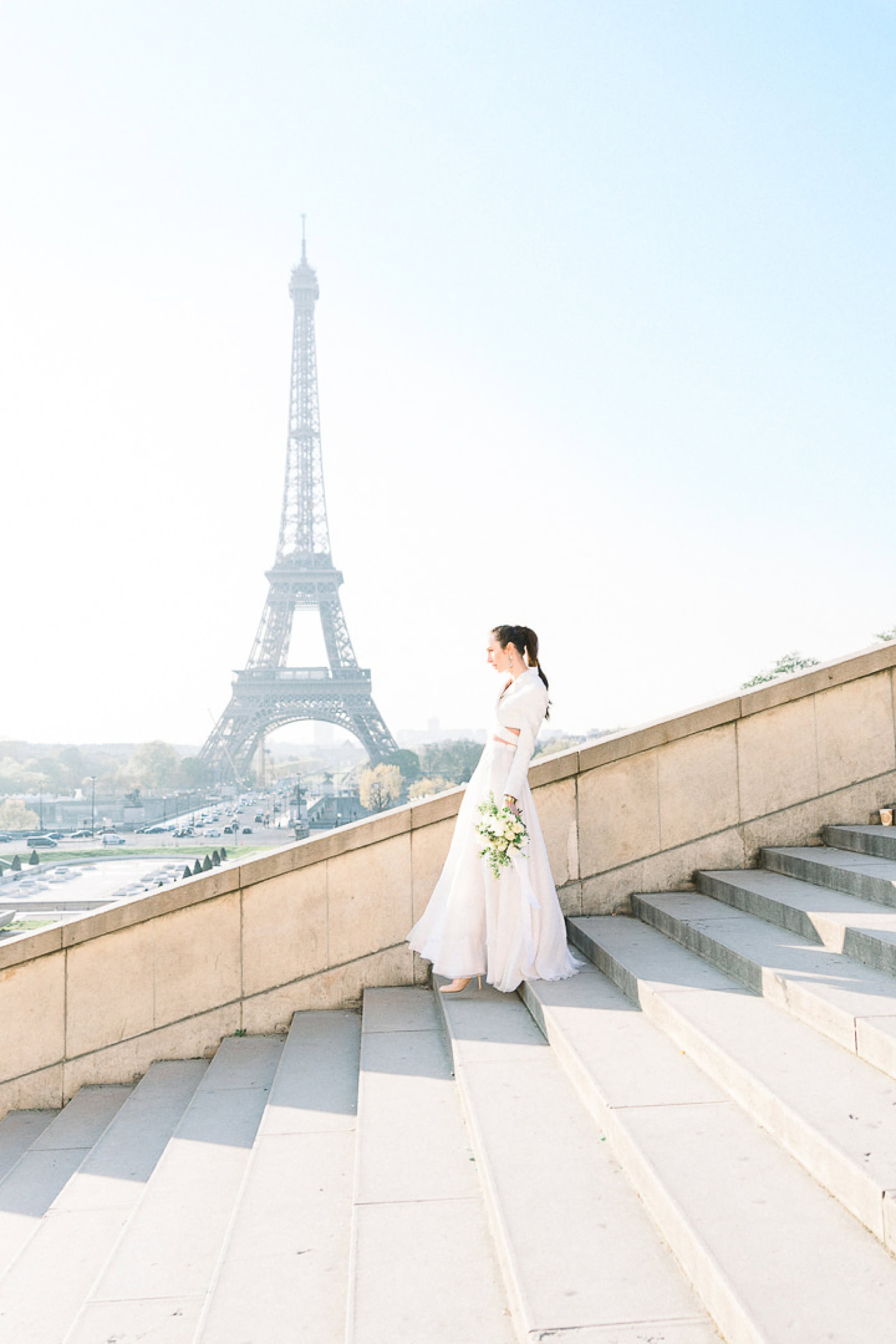 Bride in Paris, France with Eiffel Tower