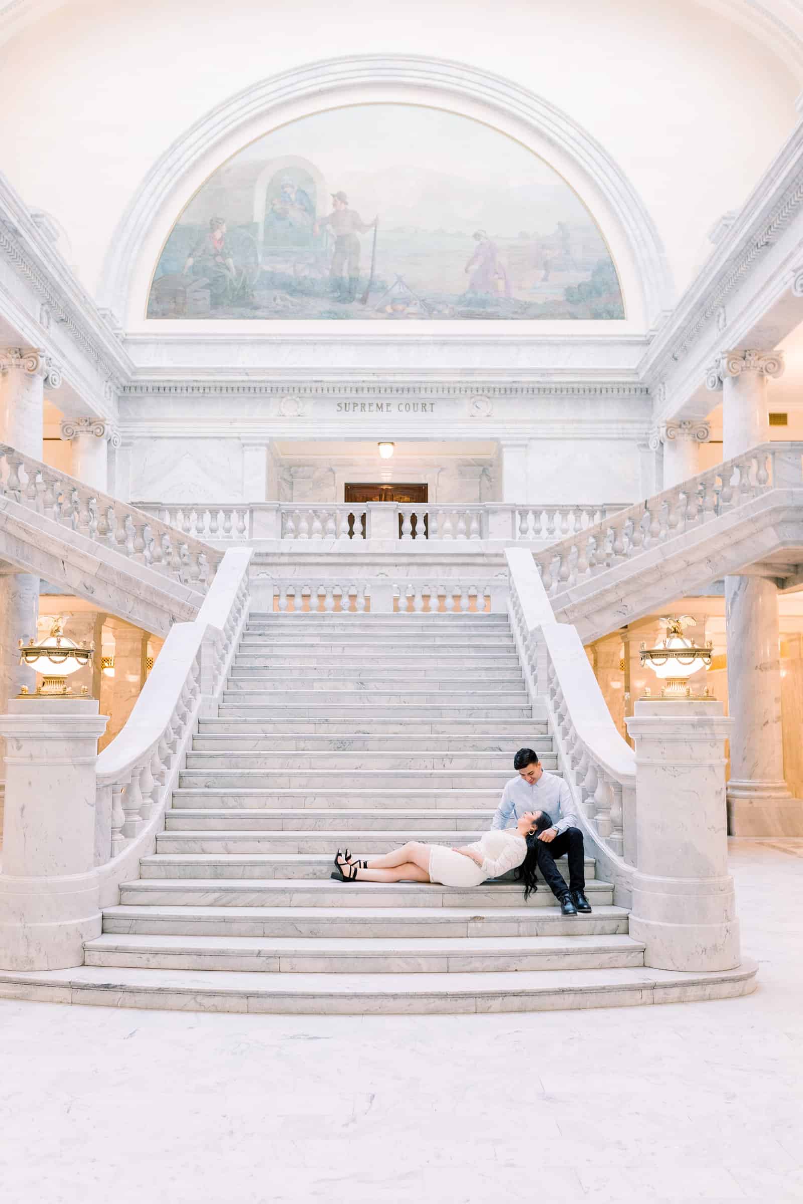 Classy engagement photos at the Utah State Capitol Building in downtown Salt Lake City, big marble staircase