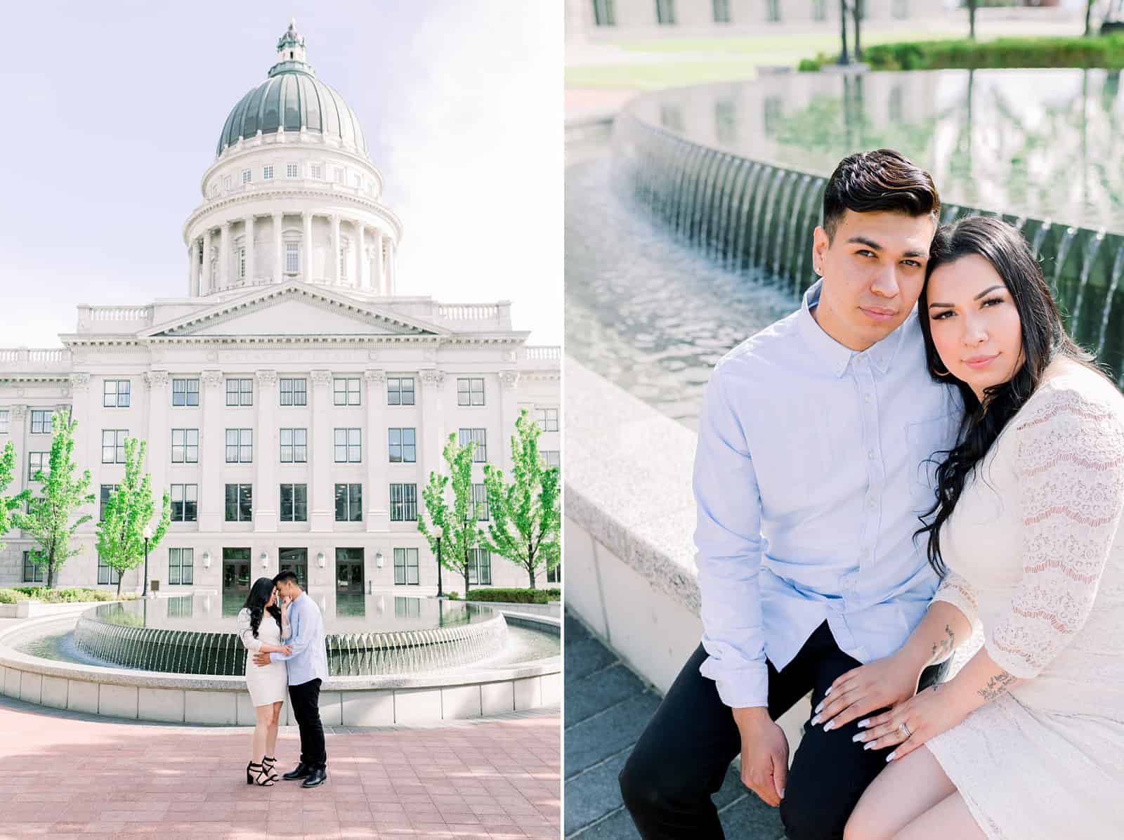 Classy engagement photos at the Utah State Capitol Building in downtown Salt Lake City, spring fountain pictures