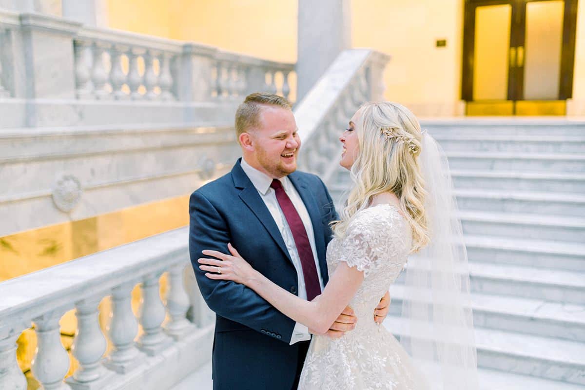 Bride and groom at Utah State Capitol Building, spring film wedding photography