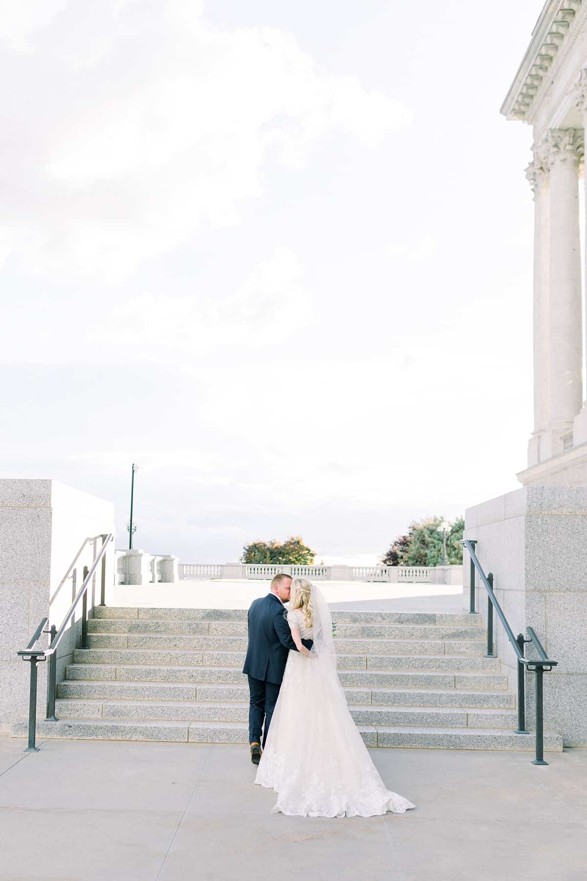 Bride and groom at Utah State Capitol Building, spring film wedding photography