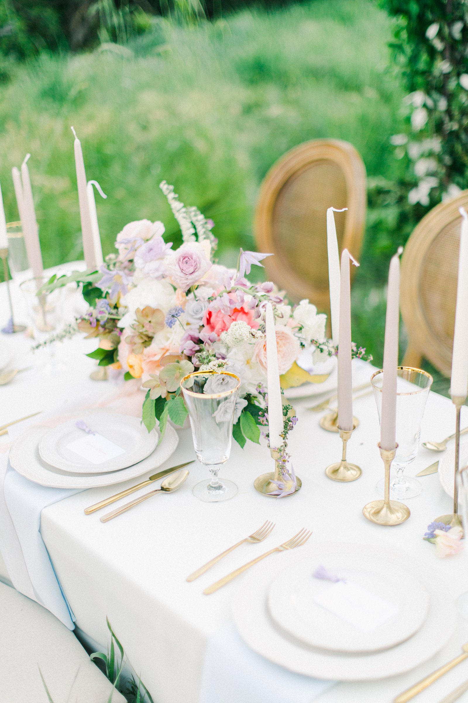 Outdoor Spring Secret Garden Wedding, Provo Utah Film Wedding Photography, colorful floral centerpiece wedding flowers simple white tablescape