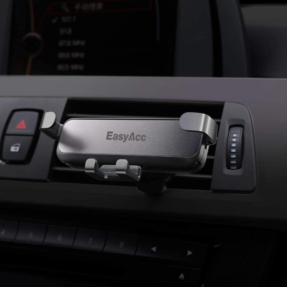 Image shows the car holder in position in a stock image. The image shows the holder attached to a horizontal air vent.