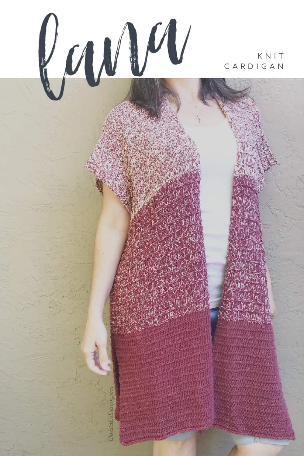 picture of woman in maroon knit cardigan pin image with text Lana