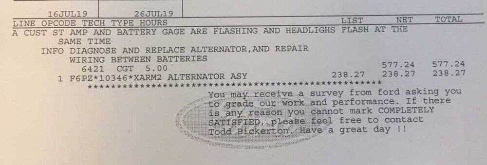 rv alternator and wiring repairs invoice