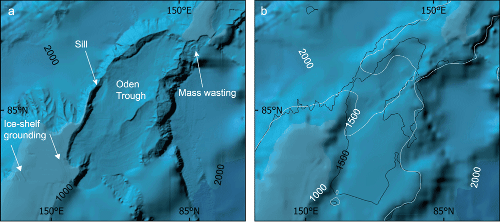 Maps showing the different in detail and resolution of International Bathymetric Chart of the Arctic Ocean (IBCAO) between Ver. 3.0 (500 × 500 m resolution) and Ver. 4.0 (200m x 200m resolution) in two areas of the Lomonosov Ridge. Source: Jakobsson, M., Mayer, L.A., Bringensparr, C. et al. The International Bathymetric Chart of the Arctic Ocean Version 4.0. Sci Data 7, 176 (2020). https://doi.org/10.1038/s41597-020-0520-9