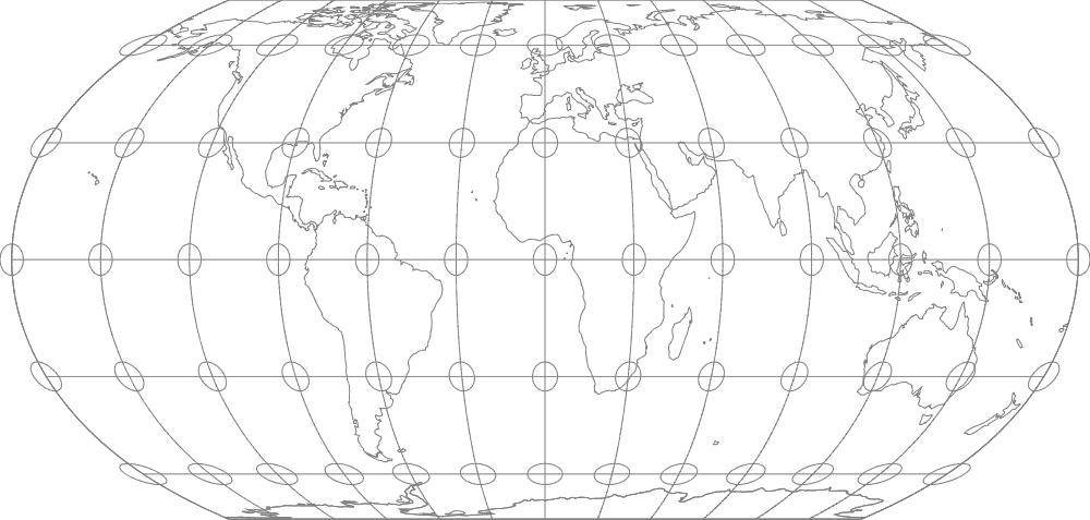 Equal Earth map projection with Tissot's indicatrices. Map: Flex Projector