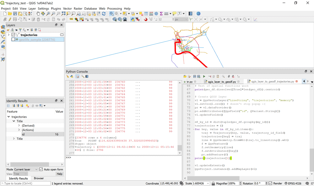 Using GeoPandas in QGIS for trajectory data handling. Image: Anita Graser.