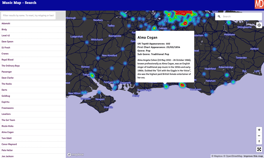 Screenshot of the Music Map - Search online mapping application.