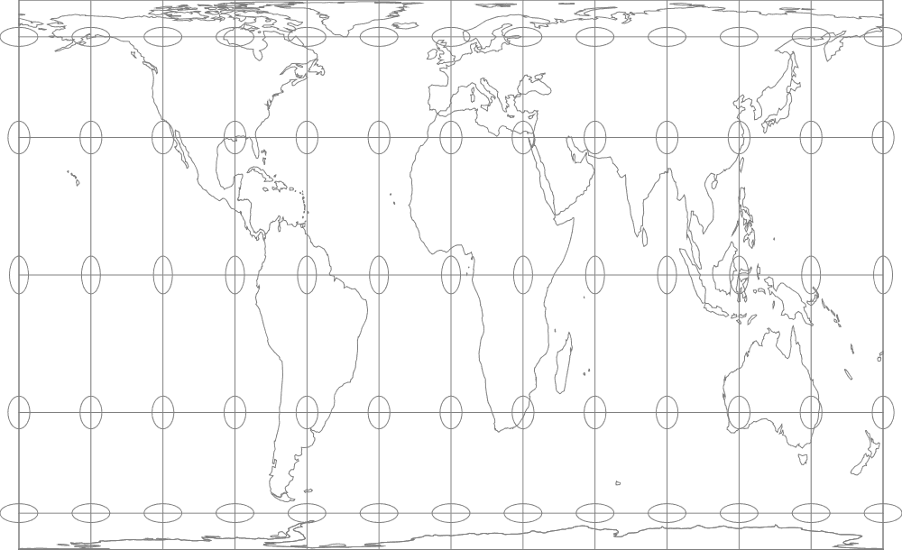 Gall-Peters map projection with Tissot's indicatrices. Map: Flex Projector