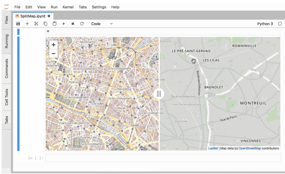 The split map function is a part of the ipyleaflet package, an interactive maps visualization system for Jupyter.