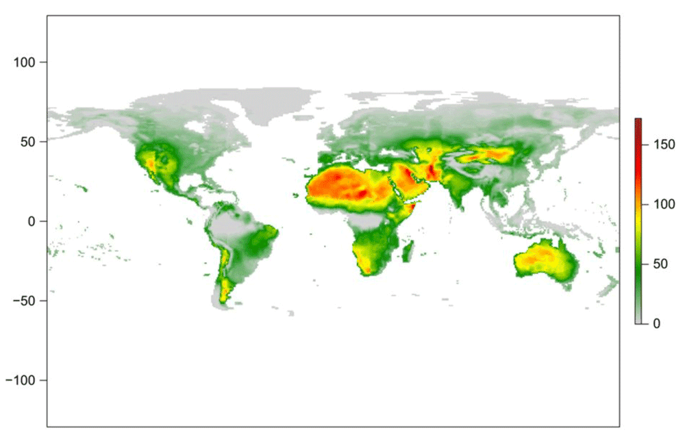 Global maps of 90th percentile of the Fire Weather Index where values are calculated cell by cell for the period 1980–2017. Figure: Vitolo et al., 2019.