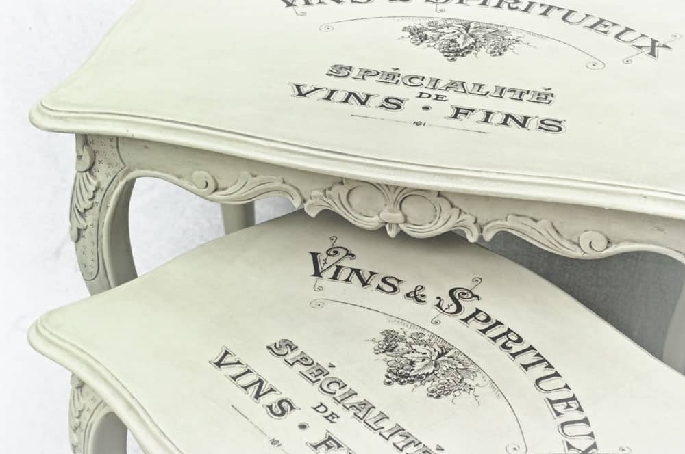Example of our Blank Water Decal Paper Sheets Print Transfers in action - Shabby Chic nest of tables with French 'Vins and Spiritueux' transfer