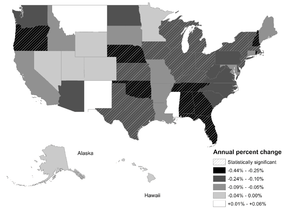 Map of the United States showing tree cover change in urban/community areas by state. Map: Nowak & Greenfield, 2018.