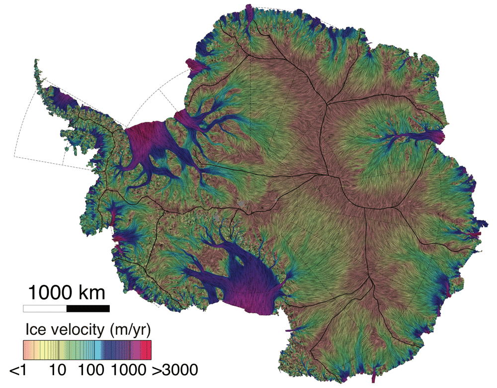 Covering more than 70 percent of Antarctica, the new map shows ice movement as small as 20 centimeters per year in speed and 5 degrees in annual flow direction. Map: Mouginot, Rignot & Scheuchl, 2019.